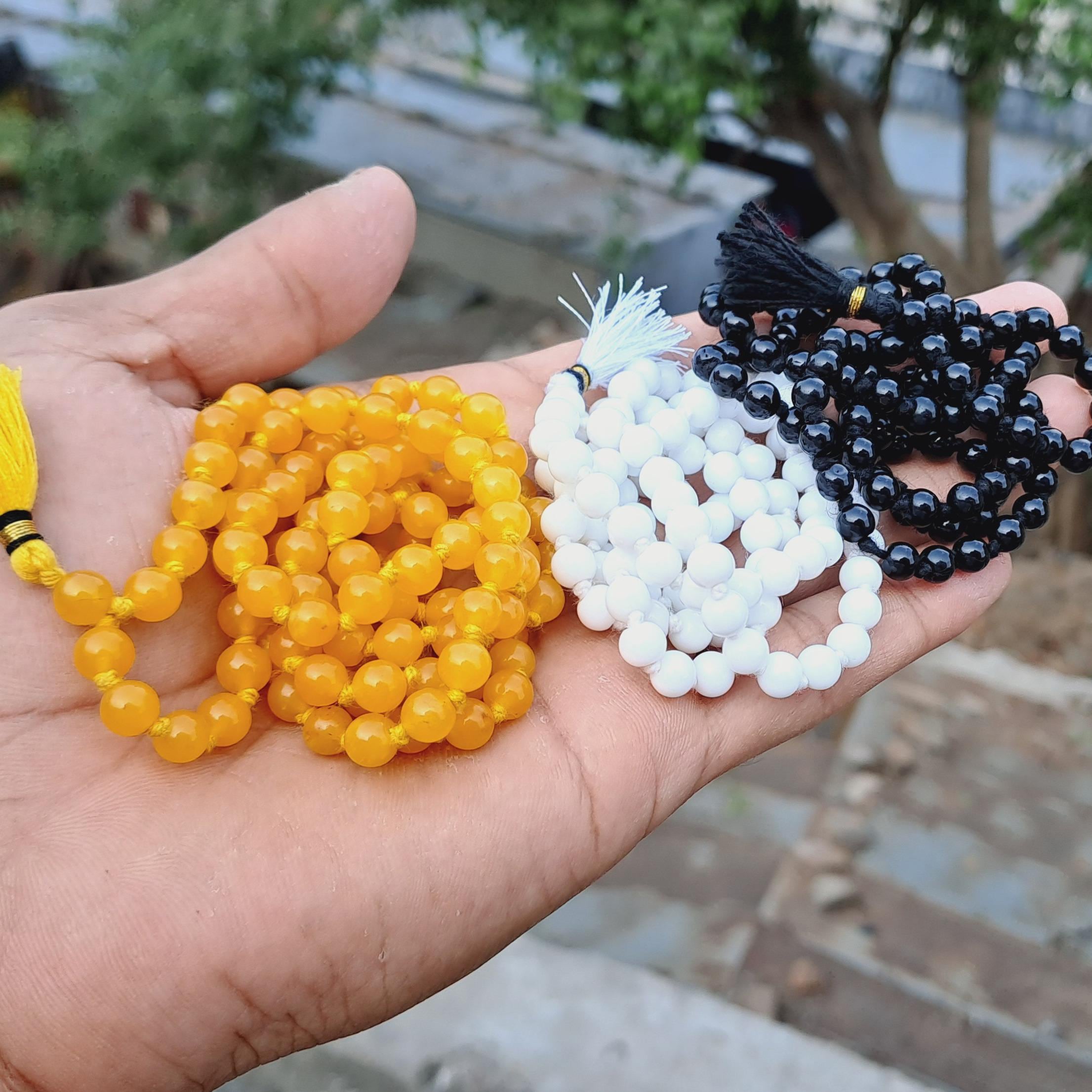 Hakik Mala Set: Yellow, White Black Agate Japa Meditation Beads