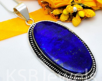 Natural Lapis Lazuli Oval Pendant, 925 Sterling Silver, Celestial Statement Jewelry
