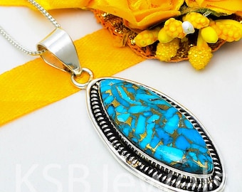 Blue Copper Turquoise Marquise Pendant, Sterling Silver, Statement Necklace, Boho Jewelry