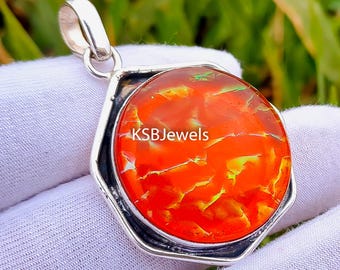 Orange Fire Australian Opal Pendant, 925 Sterling Silver Pendant, Handmade Pendant, Beautiful Pendant, Multi Fire Opal Pendant, Opal Pendant