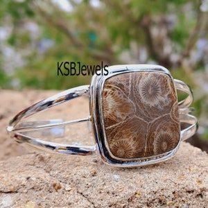 Fossil Coral Bangle: Handmade 925 Sterling Silver Cuff Bracelet