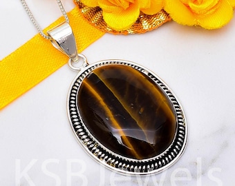 Natural Oval Tiger Eye Pendant, 925 Sterling Silver, Bohemian Statement Jewelry