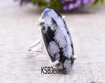 Sterling Silver Snowflake Obsidian Ring - Split Band Design
