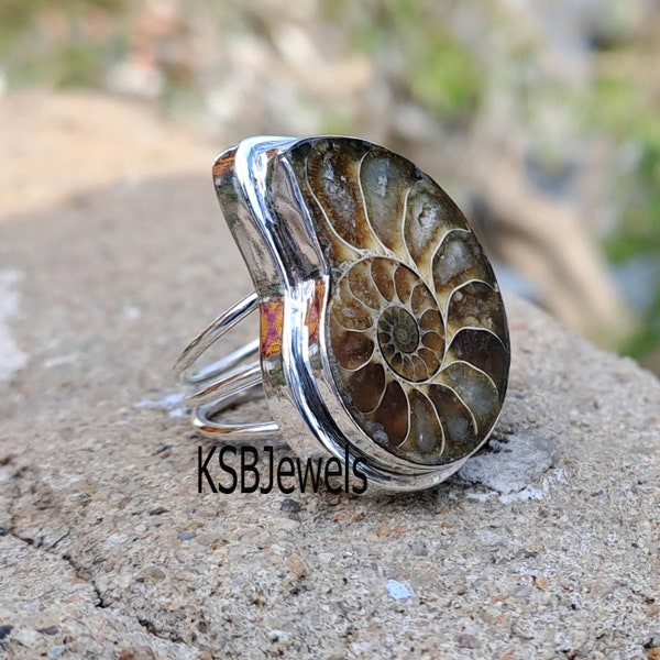 Ammonite Fossil Ring, 925 Sterling Silver Ring,Statement Ring, Wonderful  Ring, Boho Jewelry, Promise Ring, Healing Ring, Independence Day