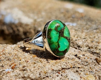 Anillo turquesa de cobre verde, anillo de plata de ley 925, anillo hecho a mano, anillo de piedra preciosa ovalada, venta de San Valentín, anillo turquesa pacífico