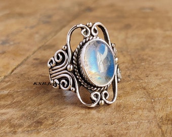 Bague pierre de lune ronde, bague en argent sterling 925, bague bohème, bague en pierre naturelle, bague en pierre véritable, bague de créateur bohème, bijoux les plus vendus