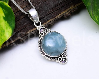 Natural Round Aquamarine Pendant, Sterling Silver Filigree Necklace, March Birthstone Jewelry