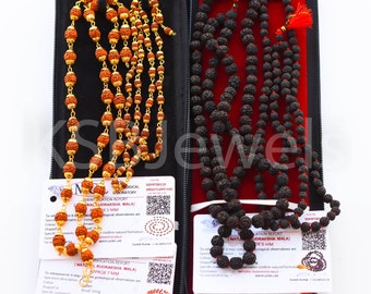 LABORATORIO CERTIFICADO 100% Natural Rudraksha Mala 5 Mukhi 5 caras, Rudraksha Sagrado con Tapa Chapada en Oro, Japa Mala, Meditación Espiritual Mala