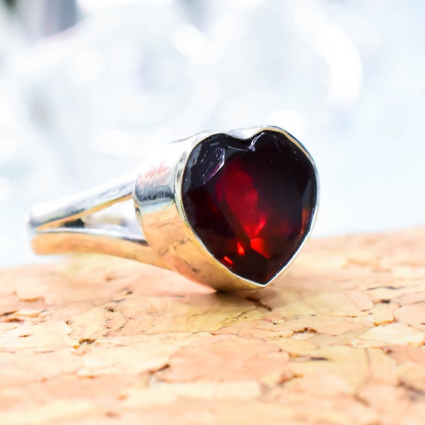 Heart Shape Boho Statement Ring, Garnet Sterling Silver Ring, Hand Crafted Bohemian Ring, Wedding Ring, Garnet Ring, Independence Day