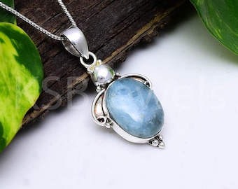 Natural Aquamarine Oval Pendant, 925 Sterling Silver Boho Necklace, March Birthstone Jewelry
