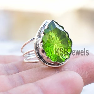 Handmade Peridot Topaz Carving Ring, 925 Sterling Silver
