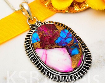 Multi-Color Pink Oyster Turquoise Necklace, Silver Pendant, Oval Gemstone, Southwestern Style