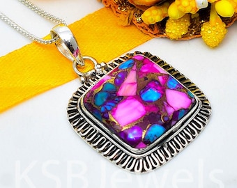 Natural Pink Copper Turquoise Pendant, Sterling Silver Square Gemstone Necklace