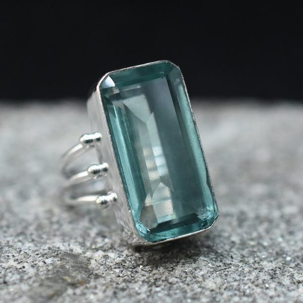 Aqua Apatite Ring, Emerald Cut Gemstone, 925 Sterling Silver Ring, Silver Jewelry, Women Jewelry, Handmade Ring, Dainty Ring, Mother's Sale