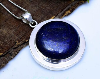 Natural Lapis Lazuli Pendant, 925 Sterling Silver Round Necklace, Blue Gemstone Statement Jewelry, Gift for Her, KSBJewels