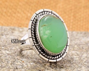 Chrysoprase Statement Ring: Natural Green Stone, 925 Sterling Silver