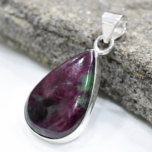 Natural Ruby Zoisite 925 Silver Pendant: Pear Cabochon