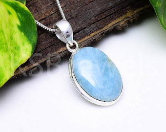 Natural Aquamarine Oval Pendant, 925 Sterling Silver, March Birthstone Necklace