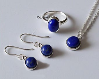 Handmade Lapis Lazuli Jewelry Set: Sterling Silver Ring, Necklace & Earrings