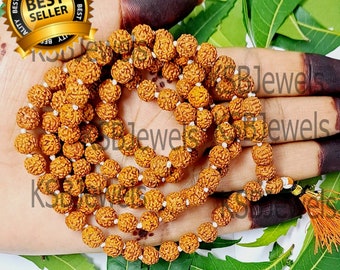 CERTIFIÉ LABORATOIRE 108 + 1 Véritable origine indienne Rudraksha Mala 5 Mukhi 5 faces, Rosaire du Seigneur Shiva Jaap Mala, Prière de yoga, Mala de méditation