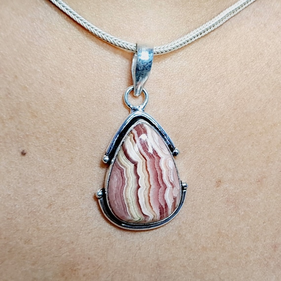 Natural Rhodochrosite Pear Pendant: Handmade Sterling Silver Jewelry