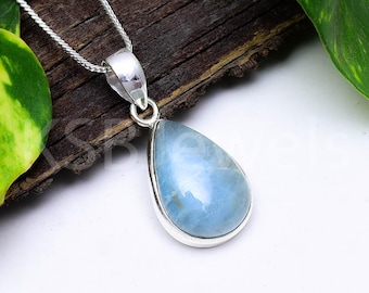 Natural Aquamarine Hammered Silver Pendant, 925 Sterling Silver Teardrop Necklace, March Birthstone Jewelry