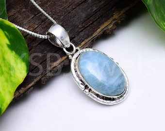 Oval Aquamarine Pendant, Hammered Sterling Silver Necklace, March Birthstone, Boho-Vintage Style