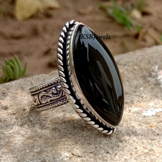 Black Onyx Oval Ring - 925 Sterling Silver Vintage Tribal Boho Ring, US Sizes 5-9 - View #9