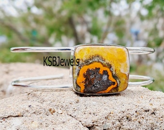 Bumble Bee Jasper Cuff Bracelet, 925 Sterling Silver Bangle, Adjustable Bangle, Bumble Bee Jasper Jewelry, Handmade Cuff, Independence Day