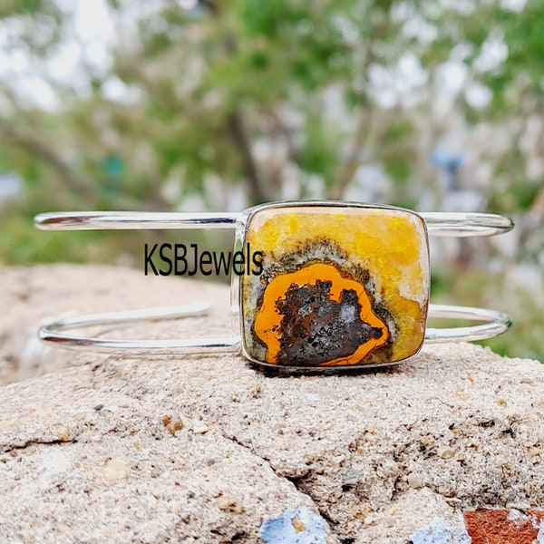 Bumble Bee Jasper Cuff Bracelet, 925 Sterling Silver Bangle, Adjustable Bangle, Bumble Bee Jasper Jewelry, Handmade Cuff, Independence Day