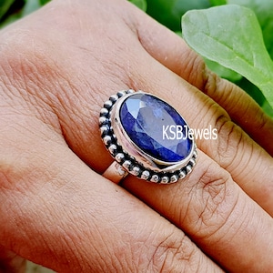 Natural Blue Sapphire Ring, 925 Sterling Silver Ring, September Birthstone Ring, Stacking Ring, Blue Gemstone Ring, Oval Ring, Bohemian Ring