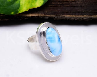 Natural  Oval Larimar Ring, 925 Sterling Silver Statement, Blue Gemstone Caribbean Jewelry