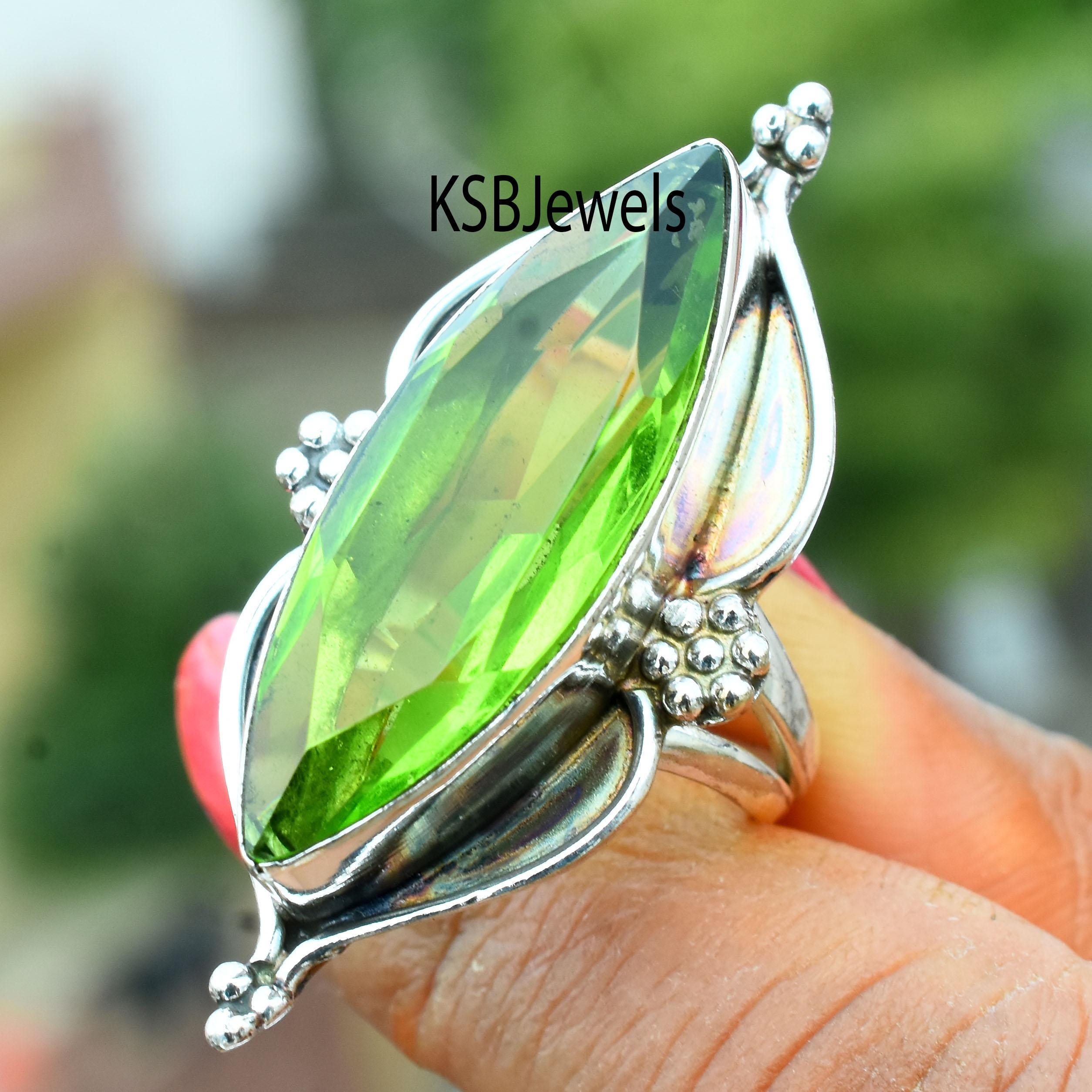 Bague Marquise En Argent Avec Péridot Et Topaze Blanc - Taille 57-58 - Neuf Sans Emballage