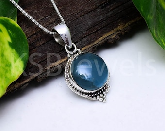 Natural Moss Aquamarine Pendant, 925 Sterling Silver Artisan Boho Jewelry, March Birthstone
