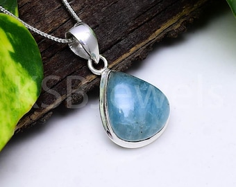 Natural Aquamarine Teardrop Pendant, 925 Sterling Silver Pear Necklace, March Birthstone Jewelry