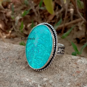 Australian Blue Fire Opal Ring, 925 Sterling Silver Ring, Handmade Ring, Big Stone Ring, Vintage Band Ring, Boho Ring, Anniversary RIng