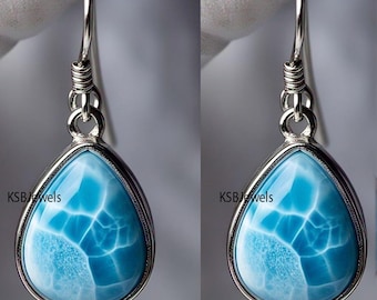 Genuine Larimar Earrings, 925 Sterling Silver Teardrop Dangle Earrings, Caribbean Blue Gemstone, Handmade Gift for Her, Boho Chic Earrings