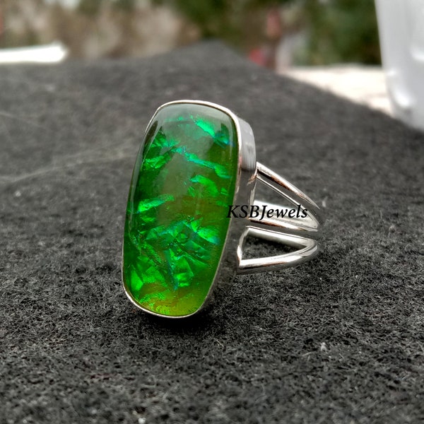 Green Australian Opal Ring, Australian Opal 12x22mm Ring, Unisex Ring, Handmade Ring, 925 Sterling Silver Ring, Boho Ring