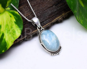 Oval Aquamarine Pendant, Sterling Silver Rope Border Necklace, March Birthstone, Vintage Style Blue Gemstone