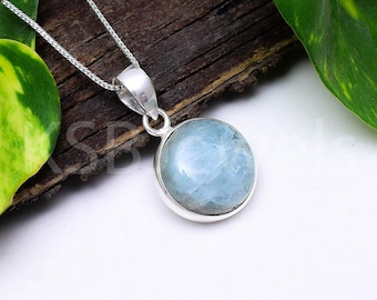 Natural Aquamarine Pendant, Sterling Silver Round Gemstone Necklace, March Birthstone Jewelry