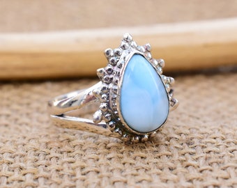 Larimar Solitaire Ring, 925 Sterling Silver Ring, Handmade Ring, Split Band Ring, Boho Ring, Women Jewelry, Larimar Cabochon Ring, Band Ring