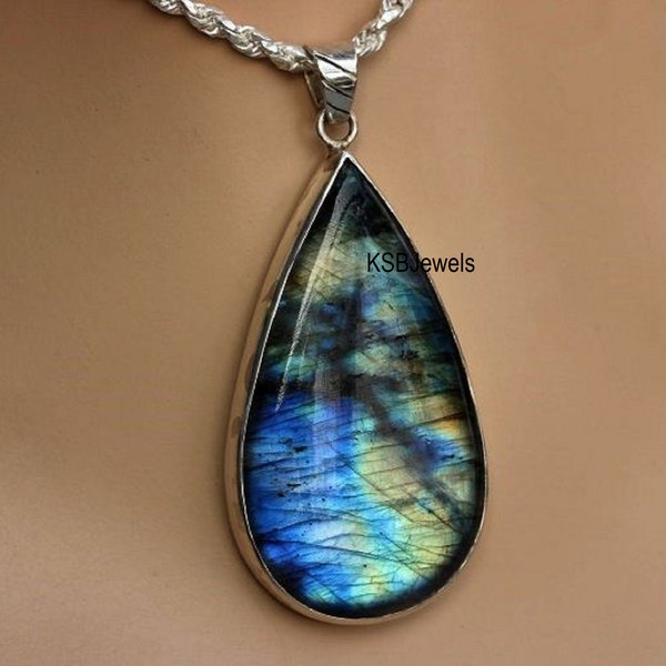 Golden-Blue Fire Labradorite Pendant: Handmade 925 Sterling Silver Pear