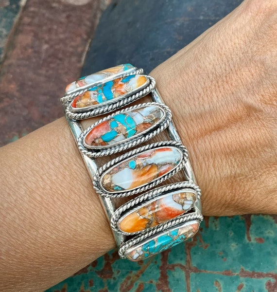 Seven Stone Spiny Oyster Copper Turquoise 925 Sterling Silver Cuff