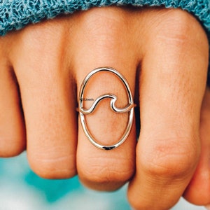 May include: A silver ring with a wave design. The ring is oval shaped and the wave is a simple line design.