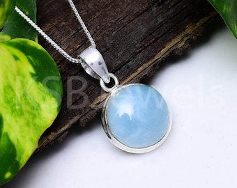 Natural Round Aquamarine Pendant, 925 Sterling Silver, March Birthstone, Minimalist Bezel Necklace