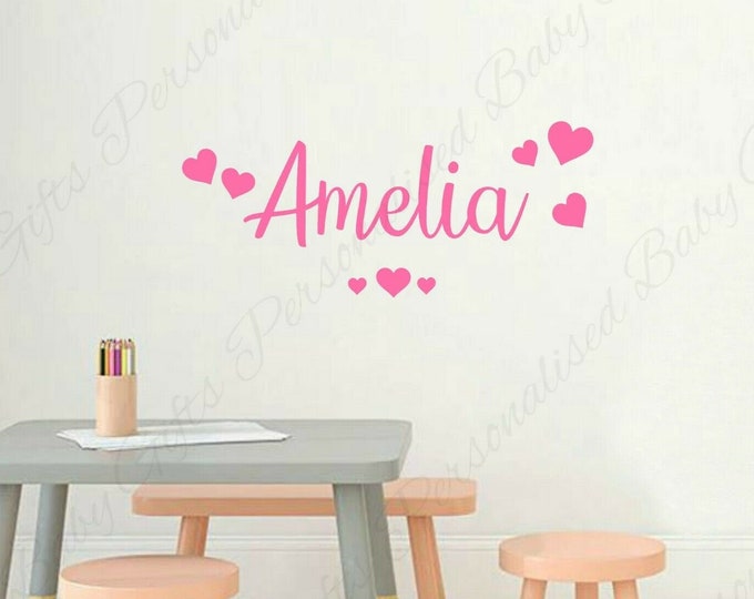 Personalised Name With Hearts Wall Art Sticker | Children's Baby Girl Heart Wall Decal