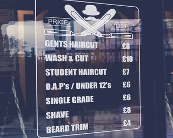 Personalised Barber Shop Price List | Custom Vinyl Window Shop Sign