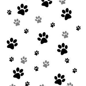 May include: A white background with a pattern of black and grey paw prints.
