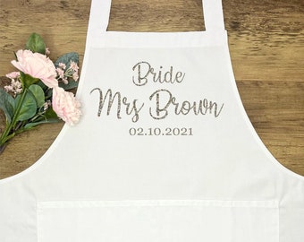 Delantal de novia personalizado: texto con purpurina, fecha de boda y fiesta nupcial