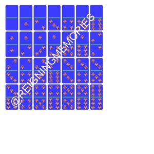 May include: A collection of blue dominoes with gold symbols and green dividing lines. The text "@REIGNINGMEMORIES" is overlaid on the image. The dominoes are arranged in a grid pattern.
